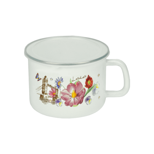 Kubek emaliowany z plastikową pokrywką Kwiaty Emalia Rybnik 500 ml