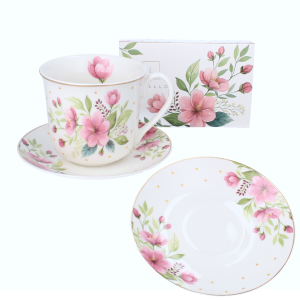 LIVELLO FILIŻANKA PORCELANOWA 400ML SPODEK 15,5CM KWIAT WIŚNI ZŁOTY PASEK
