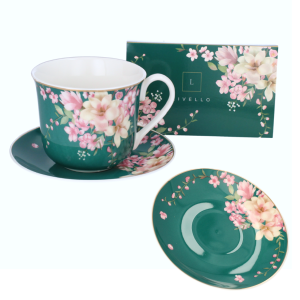 LIVELLO FILIŻANKA PORCELANOWA 400ML ZE SPODKIEM 15,5CM KWIAT WIŚNI MORSKI