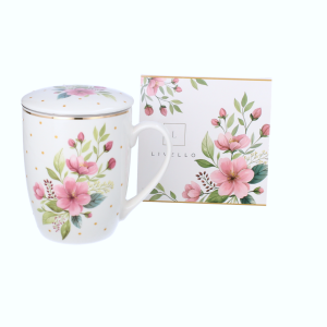 LIVELLO KUBEK PORCELANOWY 350ML HERBATY ZAPARZACZ KWIAT WIŚNI ZŁOTY PASEK