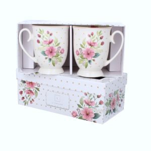 LIVELLO KOMPLET 2 KUBKÓW PORCELANOWYCH 320ML KWIAT WIŚNI ZŁOTY PASEK