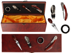 Skrzynka na wino zestaw Livello 4 el korkociąg nalewak korek pierścień