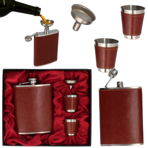 Zestaw Livello piersiówka brązowa metalowa etui 2 kieliszki lejek 230ml