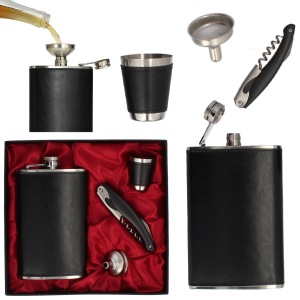 Zestaw piersiówka czarna Livello etui kieliszek korkociąg lejek 250ml stal