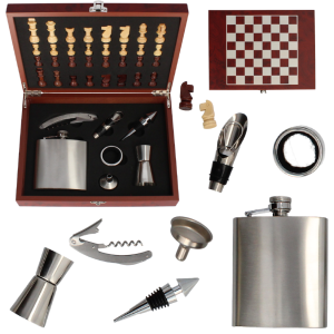 Zestaw akcesoriów do wina Livello szachy korkociąg nalewak piersiówka 150ml