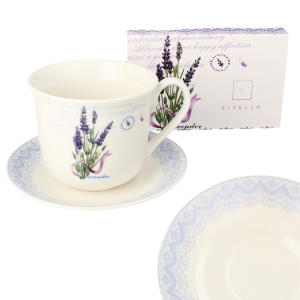 Filiżanka porcelanowa 400 ml  Jumbo ze spodkiem 15,5 cm lawenda ornament