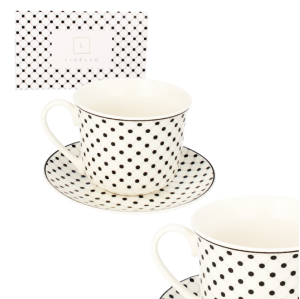 Filiżanka porcelanowa 400 ml  Jumbo ze spodkiem 15,5 cm kropki czarno białe