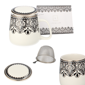 Kubek 500ml porcelanowy zestaw Livello metalowy zaparzacz ornament złoto