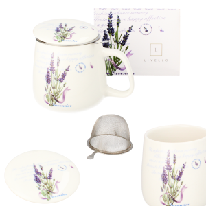 Kubek 500ml porcelanowy zestaw Livello metalowy zaparzacz lawenda