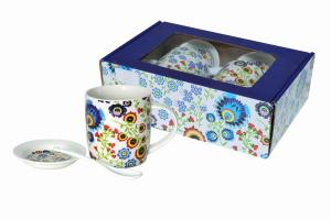 Zestaw 2x kubek porcelanowy 340 ml Livello spodek łyżeczka folklor łowicki