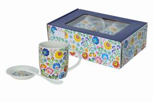 Zestaw 2x kubek porcelanowy 340 ml spodkami i łyżeczkami folklor łowicki