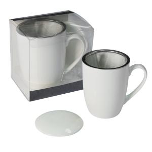 Kubek do herbaty porcelanowy Livello z metalowym zaparzaczem 350 ml biały