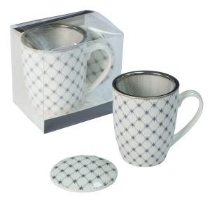 Kubek porcelanowy Livello metalowym zaparzaczem 350 ml gwiazdki złoty pasek