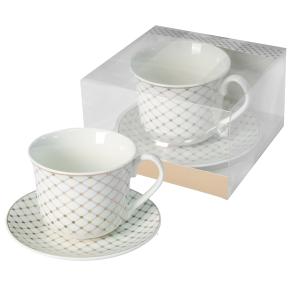 Livello filiżanka porcelanowa 400 ml GRANDE ze spodkiem 15,5 cm złote kropki