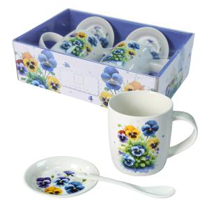 Zestaw 2 x kubek porcelanowy prezent 340 ml Livello spodek łyżeczka bratki