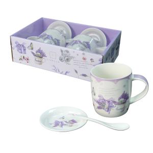 Zestaw 2 x kubek porcelanowy prezent 340 ml Livello spodek łyżeczka lawenda