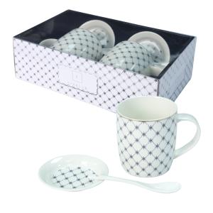 Zestaw 2x kubek porcelanowy 340 ml Livello spodek łyżeczka złoty pasek