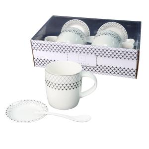 Zestaw 2x kubek porcelanowy 340 ml Livello spodek łyżeczka złoty pasek