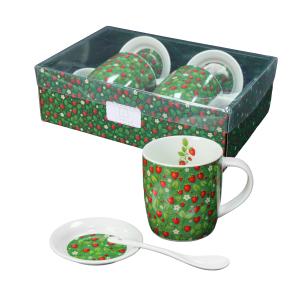 Zestaw 2x kubek porcelanowy prezent 340ml Livello spodek łyżeczka truskawki
