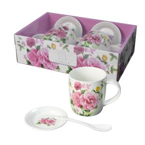 Zestaw 2 x kubek porcelanowy prezent 340 ml Livello spodek łyżeczka piwonie