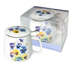 Kubek porcelanowy Livello z metalowym zaparzaczem 500 ml z uchem bratki