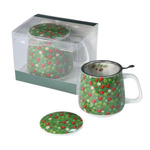 Kubek porcelanowy Livello z metalowym zaparzaczem 500 ml duży truskawki